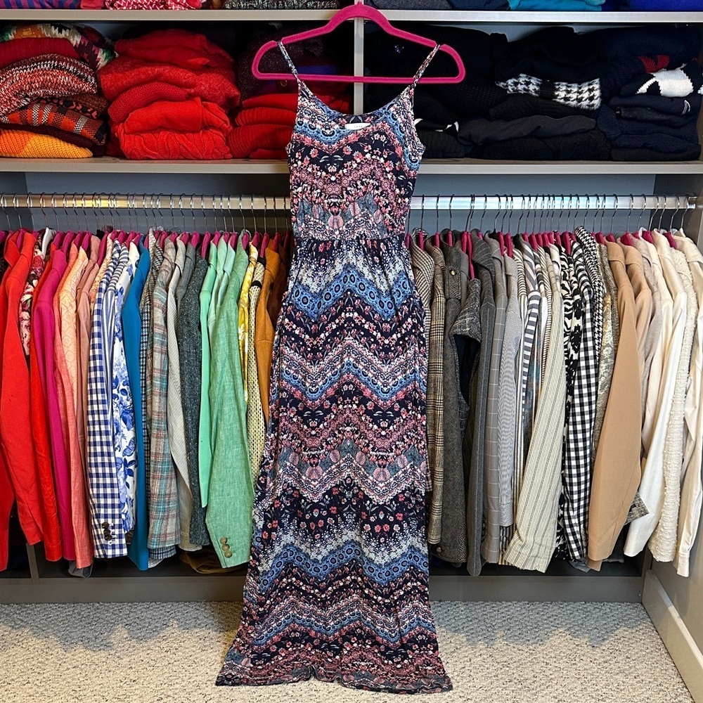 Lush pink/blue floral adjustable strap elastic waistband maxi dress size XS